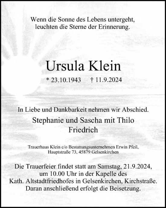 Traueranzeige von Ursula Klein von Tageszeitung