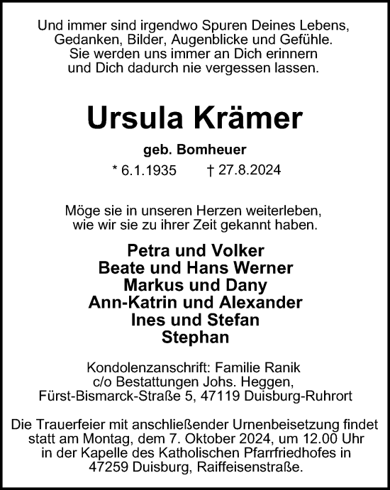 Traueranzeige von Ursula Krämer von Tageszeitung