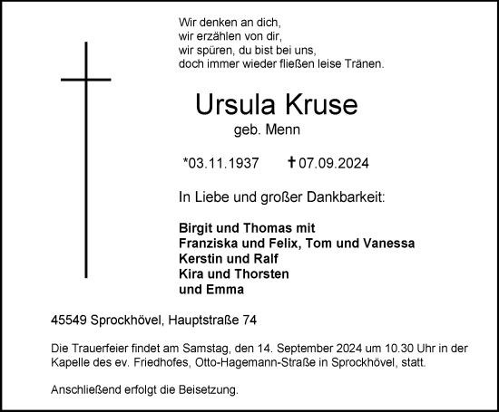 Traueranzeige von Ursula Kruse von Tageszeitung
