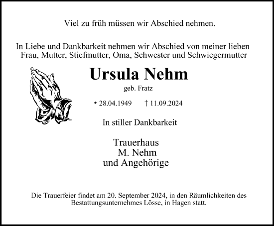 Traueranzeige von Ursula Nehm von Tageszeitung