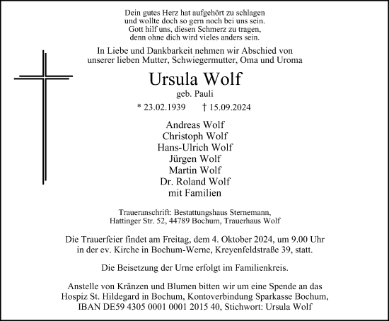 Traueranzeige von Ursula Wolf von Tageszeitung