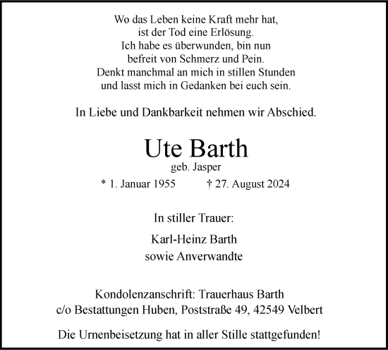 Traueranzeige von Ute Barth von Tageszeitung