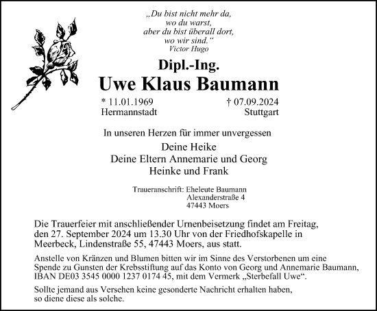 Traueranzeige von Uwe Klaus Baumann von Tageszeitung