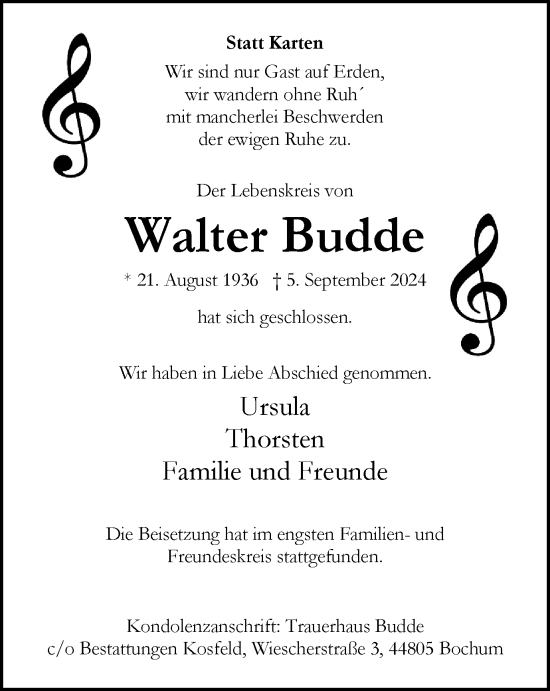 Traueranzeige von Walter Budde von Tageszeitung