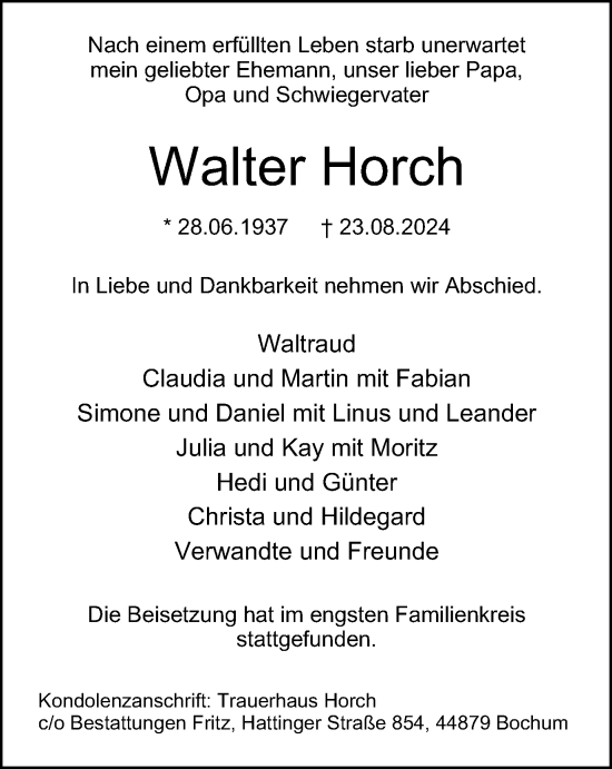 Traueranzeige von Walter Horch von Tageszeitung