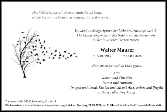 Traueranzeige von Walter Maurer von Tageszeitung