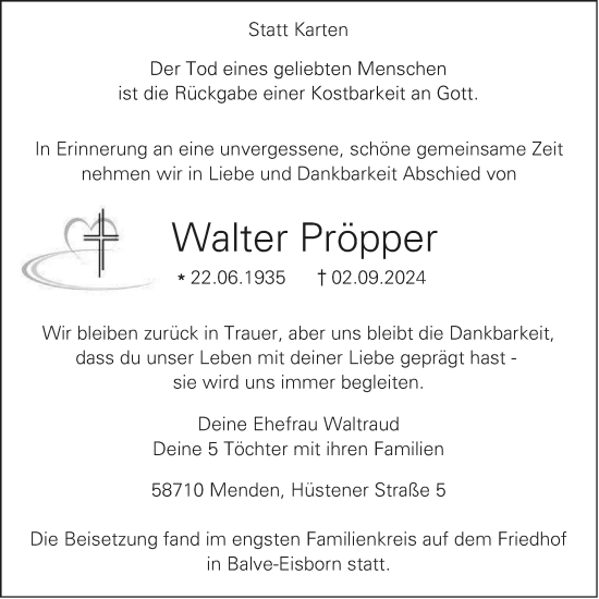 Traueranzeige von Walter Pröpper von Tageszeitung