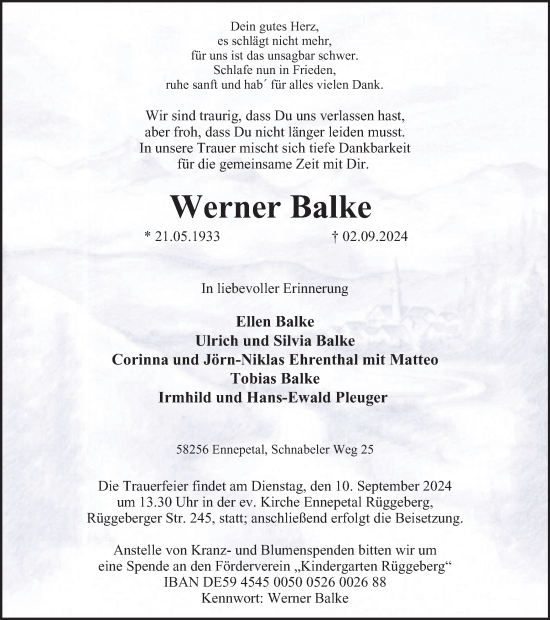 Traueranzeige von Werner Balke von Tageszeitung