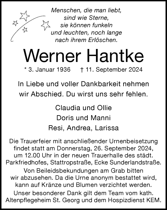 Traueranzeige von Werner Hantke von Tageszeitung