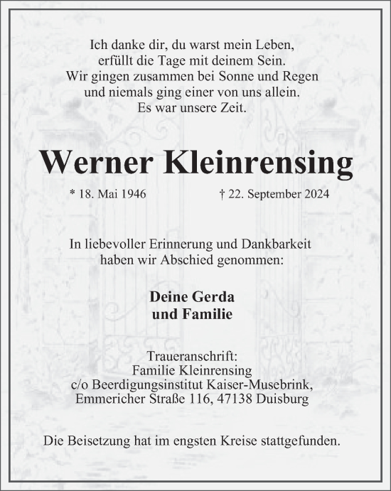 Traueranzeige von Werner Kleinrensing von Tageszeitung