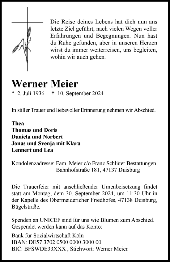 Traueranzeige von Werner Meier von Tageszeitung