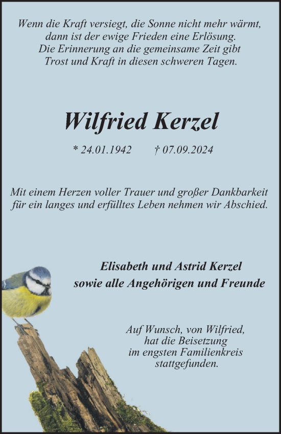 Traueranzeige von Wilfried Kerzel von Tageszeitung