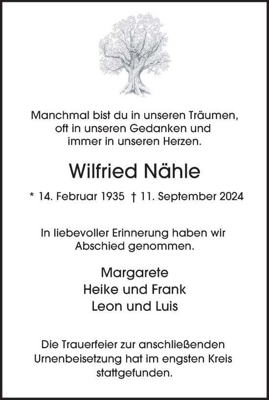Traueranzeige von Wilfried Nähle von Tageszeitung