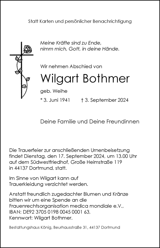 Traueranzeige von Wilgart Bothmer von Tageszeitung