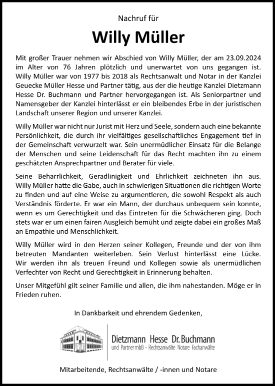 Traueranzeige von Willy Müller von Tageszeitung