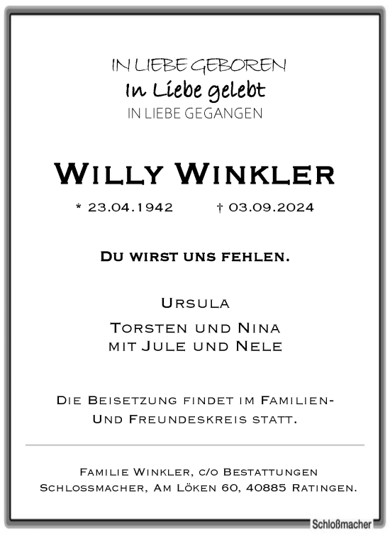 Traueranzeige von Willy Winkler von Tageszeitung