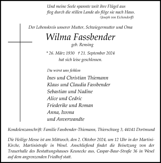 Traueranzeige von Wilma Fassbender von Tageszeitung