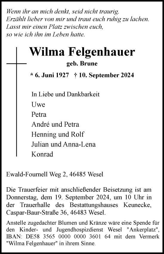 Traueranzeige von Wilma Felgenhauer von Tageszeitung