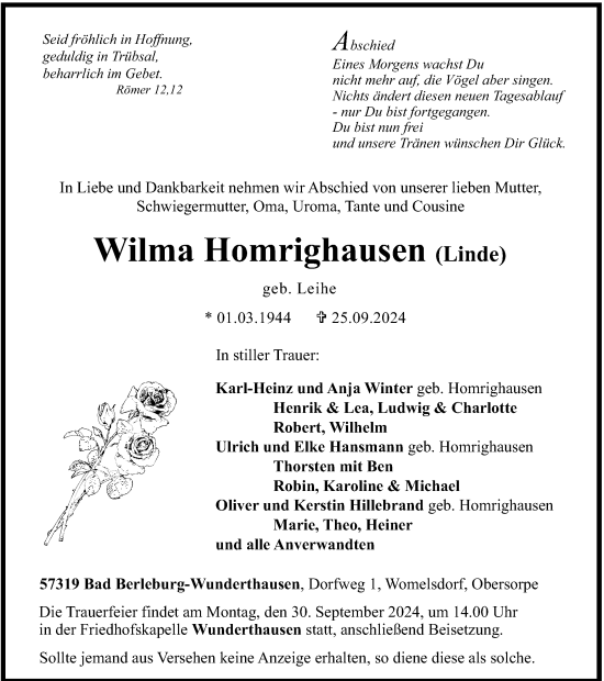 Traueranzeige von Wilma Homrighausen von Tageszeitung