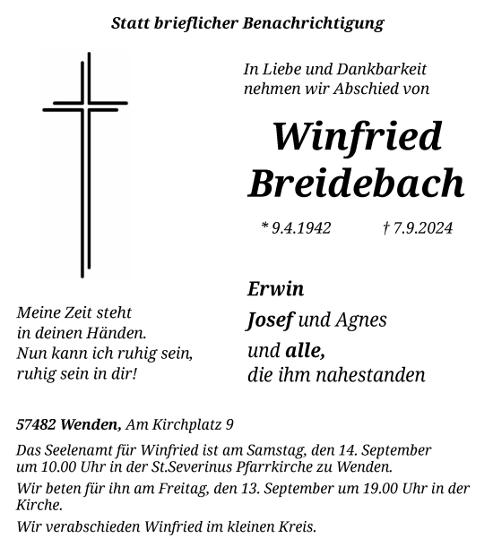 Traueranzeige von Winfried Breidebach von Tageszeitung