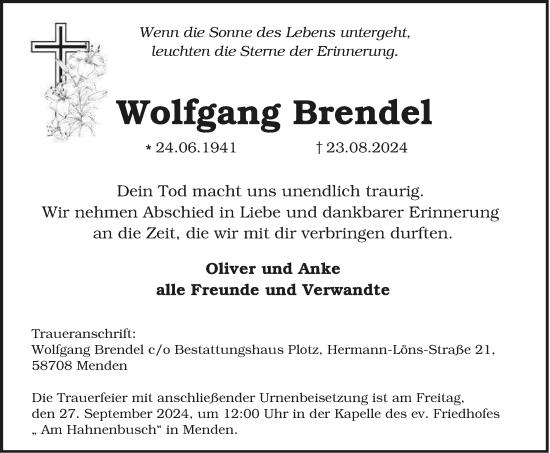 Traueranzeige von Wolfgang Brendel von Tageszeitung