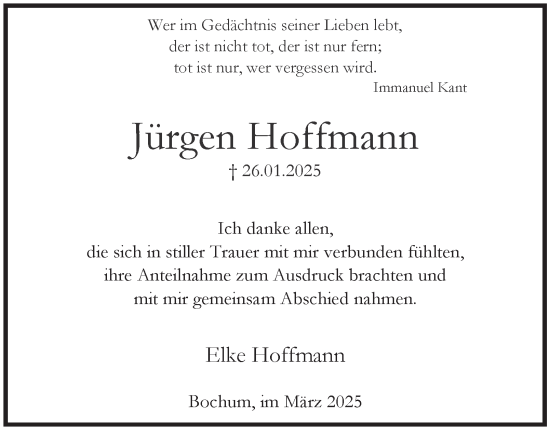 Traueranzeige von Jürgen Hoffmann von Tageszeitung
