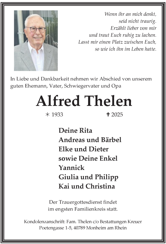 Traueranzeige von Alfred Thelen von Tageszeitung