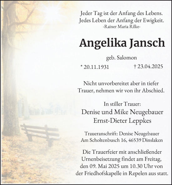 Traueranzeige von Angelika Jansch von Tageszeitung