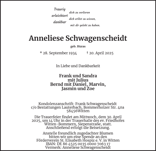 Traueranzeige von Anneliese Schwagenscheidt von Tageszeitung