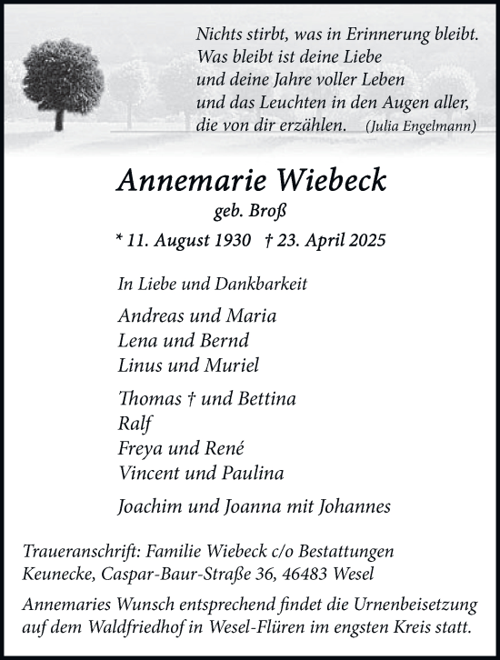 Traueranzeige von Annemarie Wiebeck von Tageszeitung