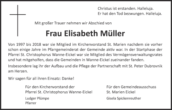 Traueranzeige von Elisabeth Müller von Tageszeitung