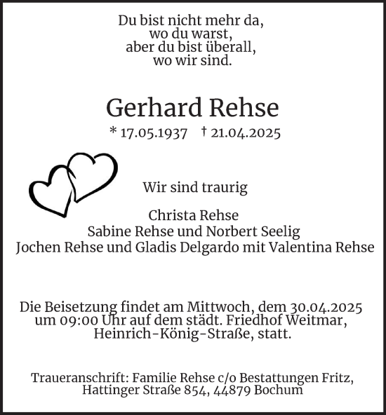 Traueranzeige von Gerhard Rehse von Tageszeitung
