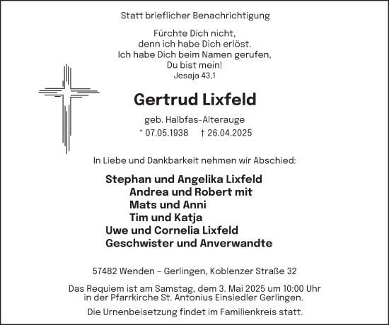 Traueranzeige von Gertrud Lixfeld von Tageszeitung