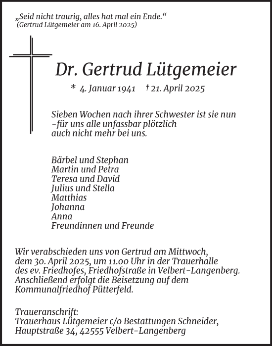 Traueranzeige von Gertrud Lütgemeier von Tageszeitung