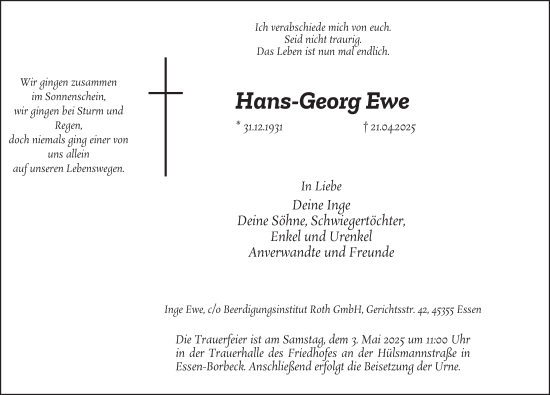 Traueranzeige von Hans-Georg Ewe von Tageszeitung