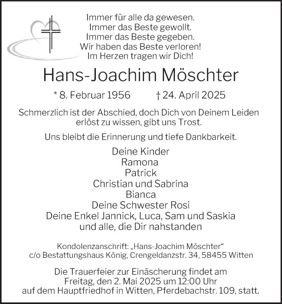 Traueranzeige von Hans-Joachim Möschter von Tageszeitung