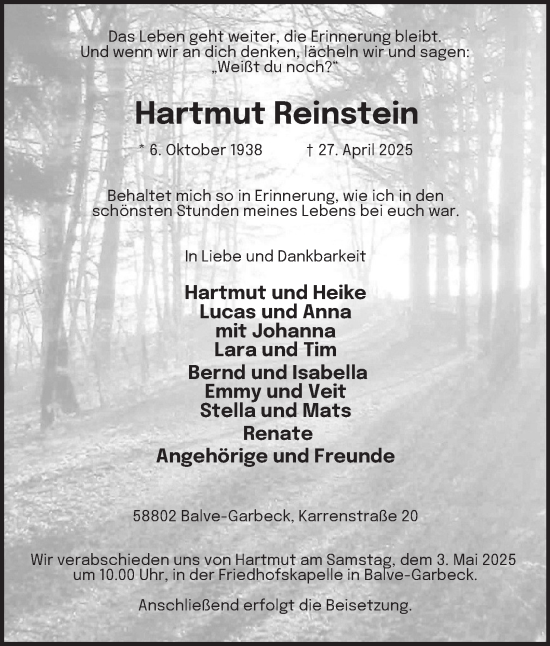 Traueranzeige von Hartmut Reinstein von Tageszeitung