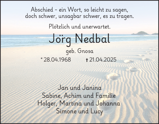 Traueranzeige von Jörg Nedbal von Tageszeitung