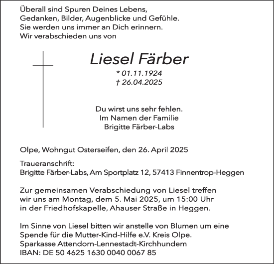 Traueranzeige von Liesel Färber von Tageszeitung