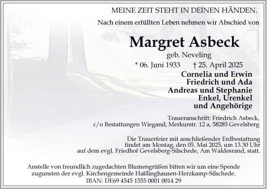 Traueranzeige von Margret Asbeck von Tageszeitung