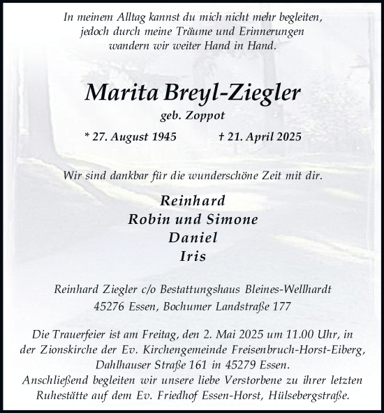 Traueranzeige von Marita Breyl-Ziegler von Tageszeitung