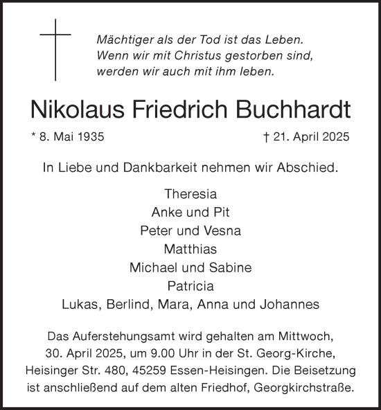 Traueranzeige von Nikolaus  Buchhardt von Tageszeitung