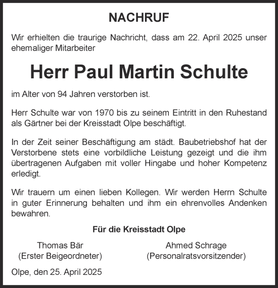 Traueranzeige von Paul Martin Schulte von Tageszeitung