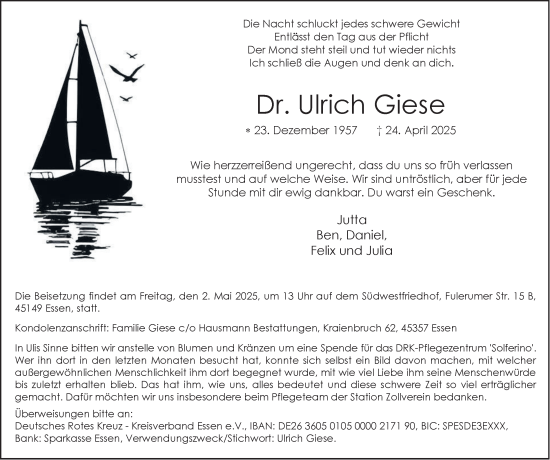 Traueranzeige von Ulrich Giese von Tageszeitung