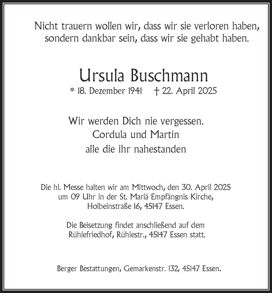Traueranzeige von Ursula Buschmann von Tageszeitung