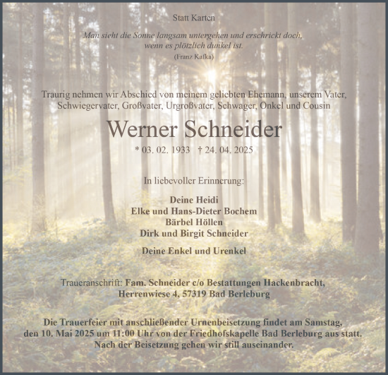 Traueranzeige von Werner Schneider von Tageszeitung