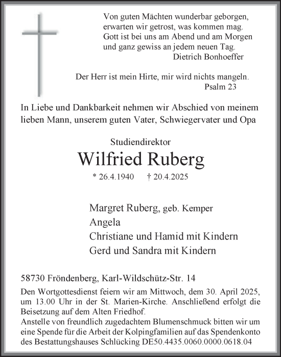 Traueranzeige von Wilfried Ruberg von Tageszeitung