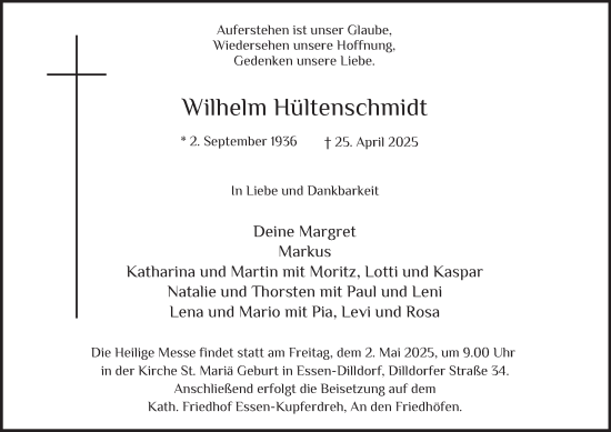 Traueranzeige von Wilhelm Hültenschmidt von Tageszeitung