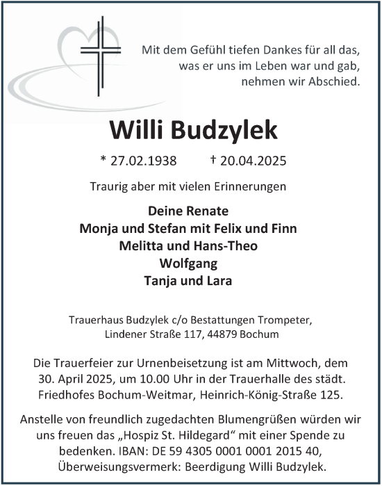 Traueranzeige von Willi Budzylek von Tageszeitung