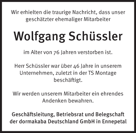 Traueranzeige von Wolfgang Schüssler von Tageszeitung